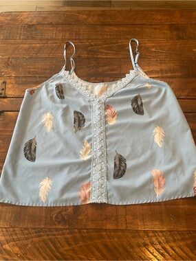 SHEIN Light Blue Feather-Print Lace-Trim Cami Tank